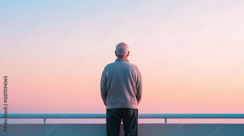 Fototapeta premium Serene Reflection of an Elderly Man Standing by the Railing under a Beautiful Sunset Sky