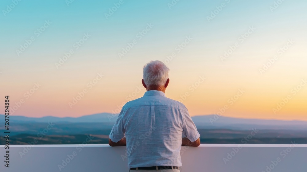 Fototapeta premium Senior Man Overlooking Scenic Sunset Landscape with Calm Mountains and Vibrant Sky Colors from Balcony