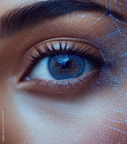 An eye with biometric patterns visible, against the backdrop of digital blue and white lines representing advanced technology or security systems photo