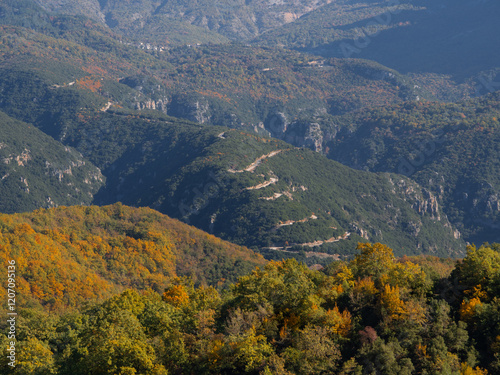 Serpentine Road Aristi Papigo: road with hairpins Kagelia Papigo in Mountains Epirus in Greece photo