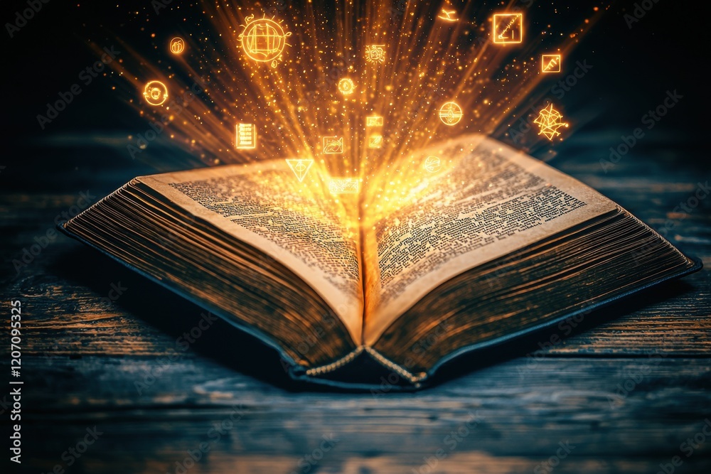 Obraz premium Glowing pages of an open book radiate knowledge and imagination in a mystical atmosphere