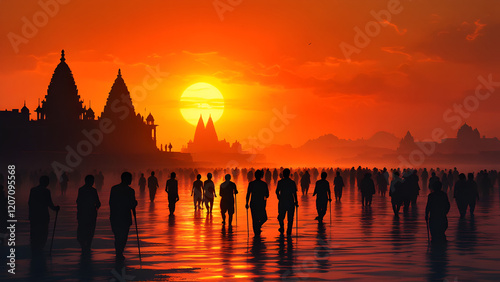 Maha Kumbh Mela 2025 illustration of devotees taking holy bath in sacred river. Silhouette of temples and people on orange and saffron background during sunset.