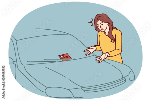 Woman received parking ticket and is outraged or angry at sudden fine. Nervous casual girl stands near car with fine issued near windshield and swears at injustice of inspector decision