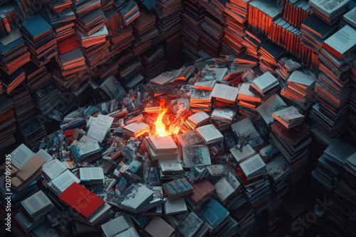 Exploring a labyrinth of books leading to a glowing fire in the heart of a literary haven photo