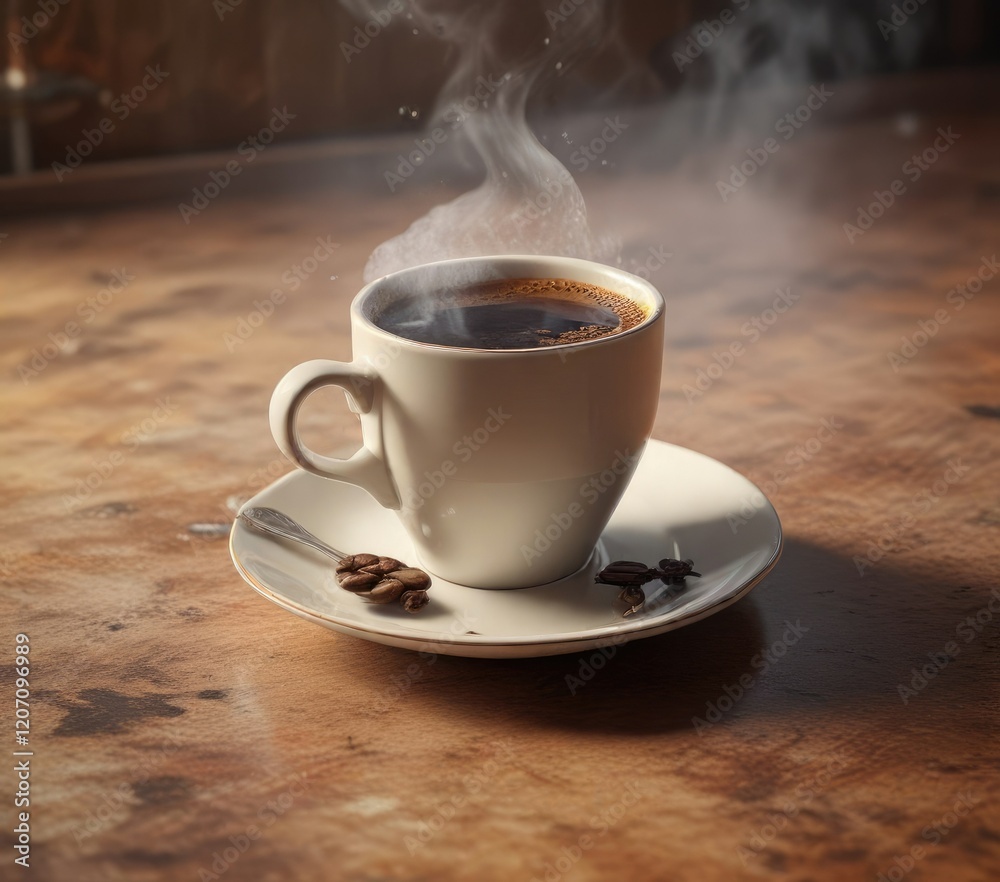 A steaming cup of coffee on a Formica surface with a retro vibe, liquid, vintage A steaming cup of coffee on a Formica surface with a retro vibe, liquid, vintage