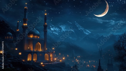 Majestic Mosque at Night under a Crescent Moon and Starlit Sky