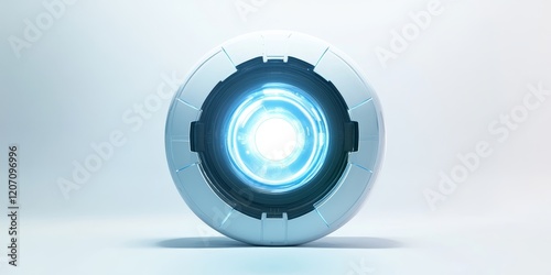 Futuristic glowing orb, sci-fi technology, white sphere with blue light.