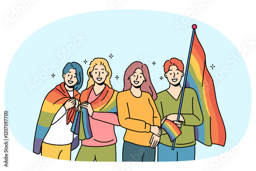 LGBT people with rainbow flags for gay parade are called to celebrate pride month and take part in queer festival. LGBT and LGBTq men and women promote free love or non-traditional values