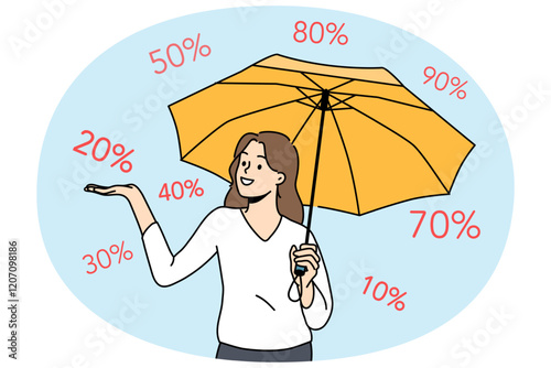 Shopaholic woman stands among numbers symbolizing size discount in store and holds umbrella in hand. Shopaholic girl enjoys opportunity to purchase goods in shopping center on day black friday sale.