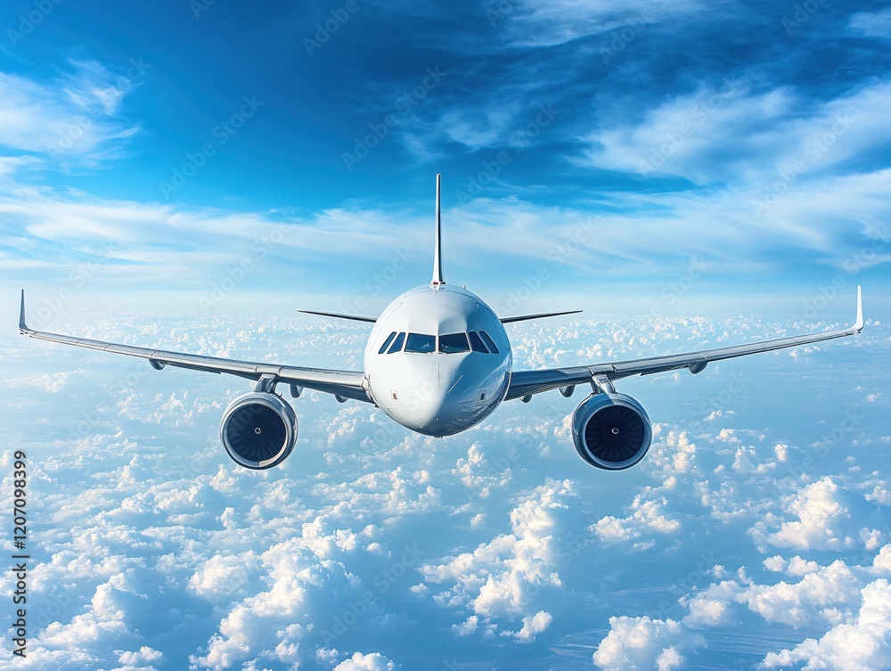 Fototapeta premium Airplane Flying Above Cloudscape Stunning Blue Sky View