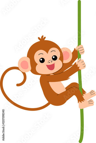 playful little monkey holding on a vine illustration