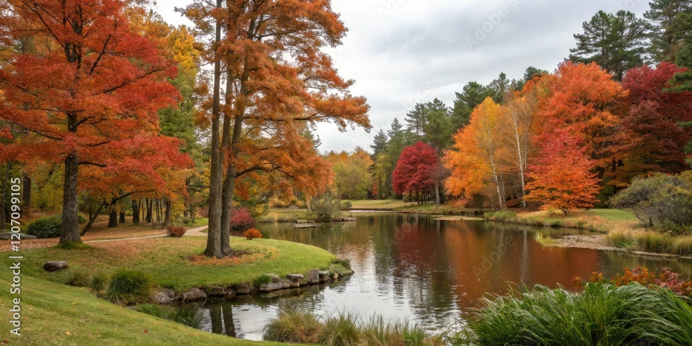 A tranquil pond surrounded by tall trees with changing autumn leaves in shades of orange and red, reflection, forest, autumn colors A tranquil pond surrounded by tall trees with changing autumn leaves in shades of orange and red, reflection, forest, autumn colors