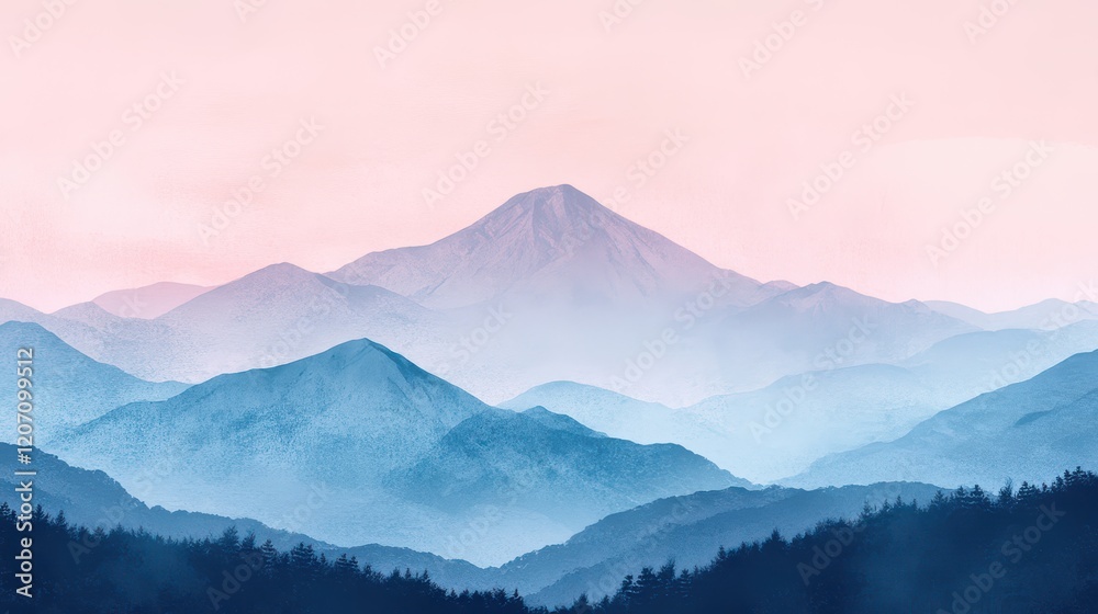 Subtle pastel Japanese mountain landscape with abstract textures, modern and calming