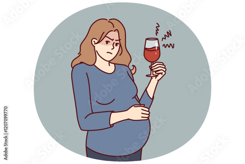 Pregnant woman drinks alcohol unknowingly causing harm to unborn child. Pregnant girl with glass of wine or alcoholic cocktail needs consultation about dangers of bad habits for expectant mothers