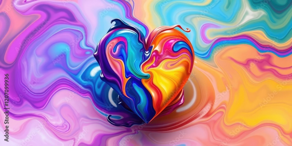 Obraz premium A vibrant, swirling heart made of liquid colors blended together in a mesmerizing dance, surrounded by ripples and movement, individuality, symbolism