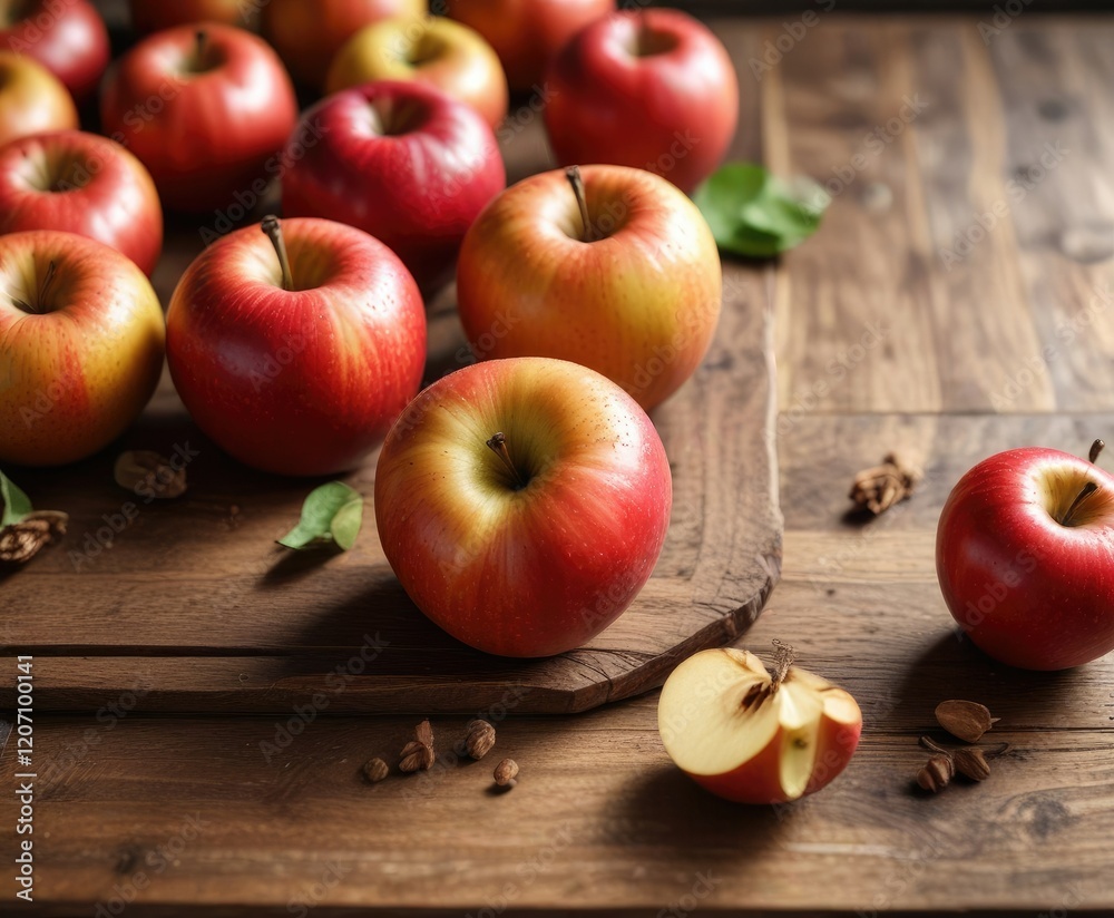 Baked apples arranged artfully on a wooden table , dessert, comforting, baked apples Baked apples arranged artfully on a wooden table , dessert, comforting, baked apples