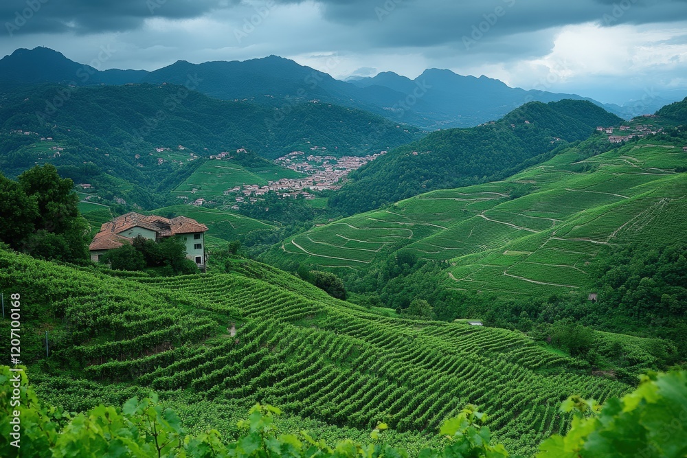 Fototapeta premium A lush vineyard surrounded by rolling green hills.