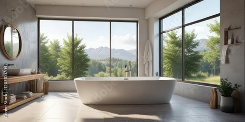Bathtub in a spacious bathroom with a large window  water  freestanding bathtub