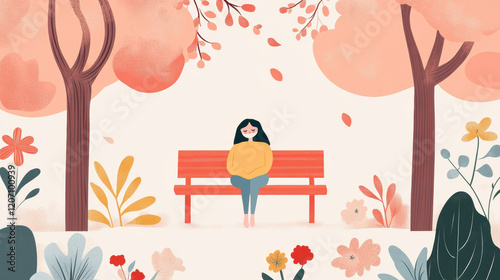 Whimsical autumn scene with a girl sitting on a bench in a colorful park photo