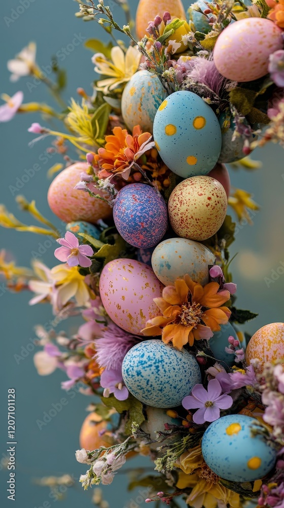 Decorative easter wreath with eggs and spring flowers. Vertical background Decorative easter wreath with eggs and spring flowers. Vertical background