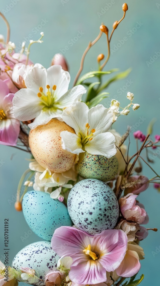 Decorative easter wreath with eggs and spring flowers. Vertical background Decorative easter wreath with eggs and spring flowers. Vertical background