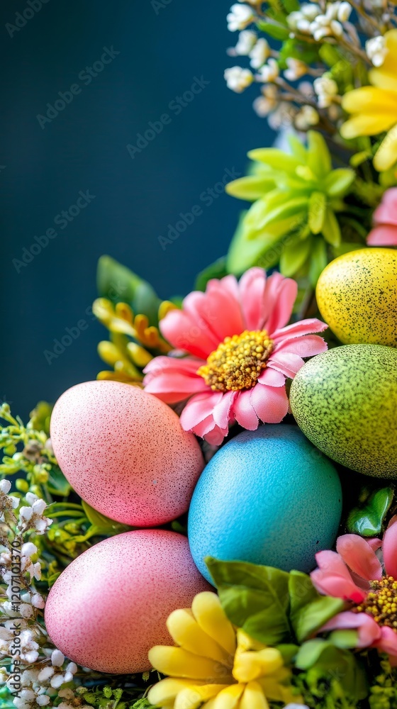 Decorative easter wreath with eggs and spring flowers. Vertical background Decorative easter wreath with eggs and spring flowers. Vertical background