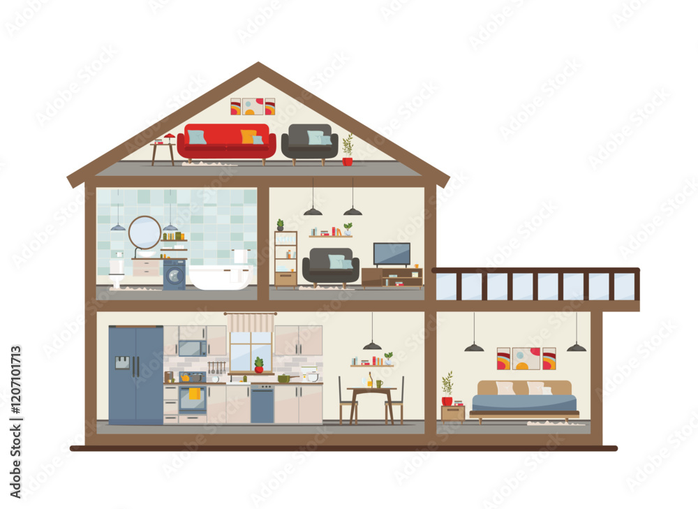 House in a cut. Modern apartment with equipment (furniture, sofa, armchair, dishes). Kitchen, bathroom, living room