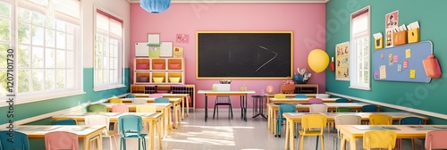 A colorful classroom featuring neatly arranged desks, a chalkboard, and a teachera??s table photo