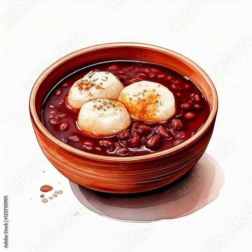 Delicious Oshiruko, red bean soup with rice cakes on a white background. photo