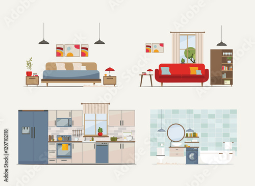 Basic rooms of apartment (kitchen, restroom, living room, bedroom)