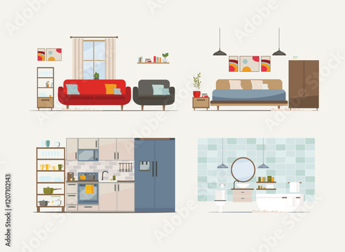 Basic rooms of apartment (kitchen, restroom, living room, bedroom)