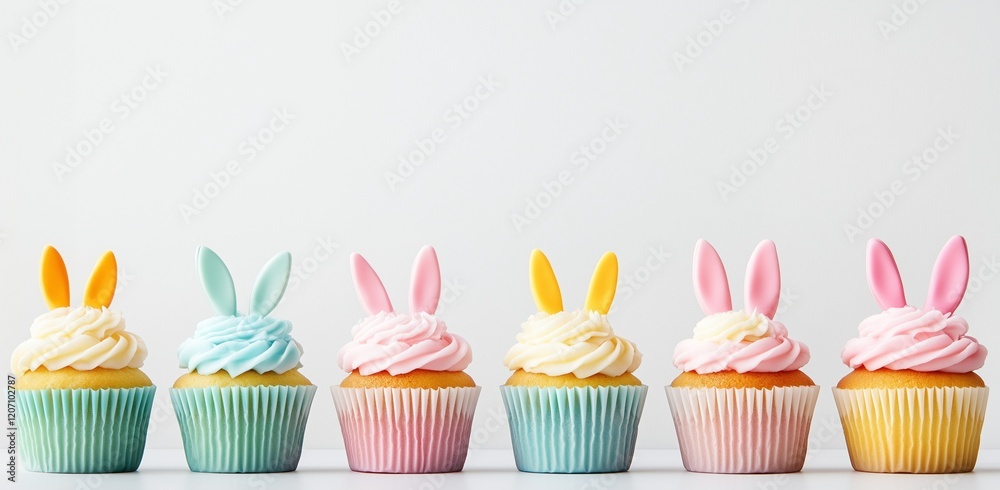 A row of colorful cupcakes with bunny ears on a white background A row of colorful cupcakes with bunny ears on a white background