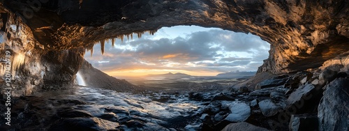 Waterfall Sunset in a cave
