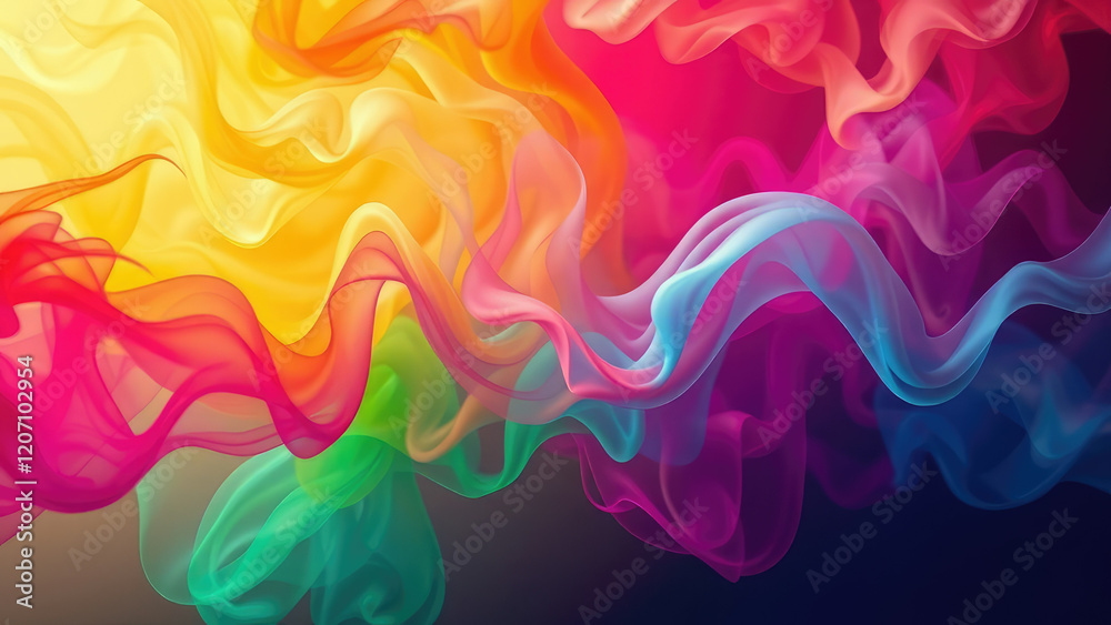 Fototapeta premium Abstract swirling smoke waves dynamic flow red yellow green blue colors, psychedelic art, color gradient