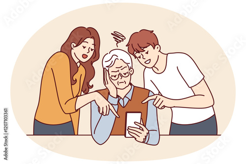 Elderly man learns to use phone and listens to advice of adult children teaching how to send SMS message. Old human is upset because of inability to use modern smartphone and online app