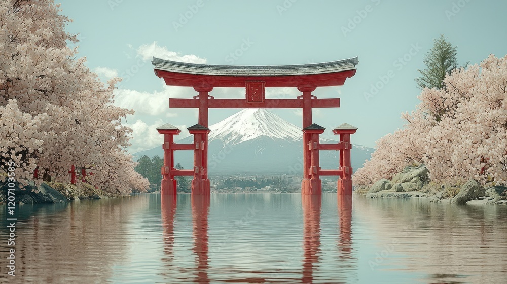 Serene Reflection: Mount Fuji's Majesty Framed by a Vibrant Torii Gate and Cherry Blossoms Serene Reflection: Mount Fuji's Majesty Framed by a Vibrant Torii Gate and Cherry Blossoms
