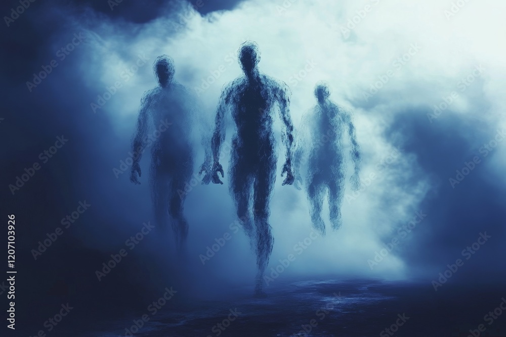 Fototapeta premium Three figures are walking through a foggy, misty sky
