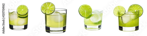 Assortment of refreshing lime based cocktails with ice cubes served in glasses  The image showcases the vibrant green color slices of lime and bubbling fizzy texture of the drinks photo