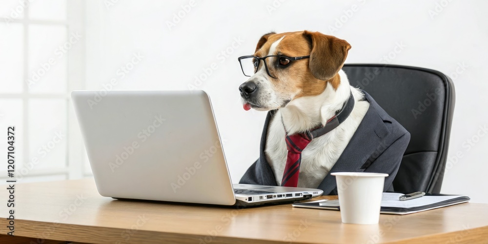 Business dog sitting at a desk with a laptop open in front of them, office, computer, job seeker Business dog sitting at a desk with a laptop open in front of them, office, computer, job seeker