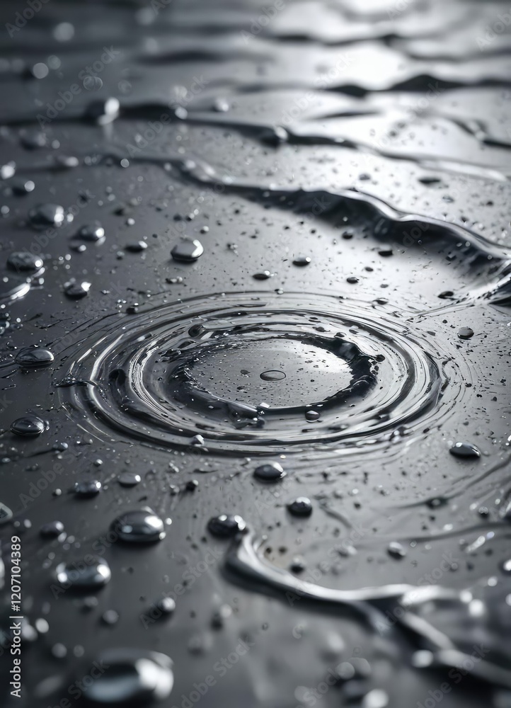 Calming abstract metallic surface with water droplets and ripples, serene, abstract Calming abstract metallic surface with water droplets and ripples, serene, abstract