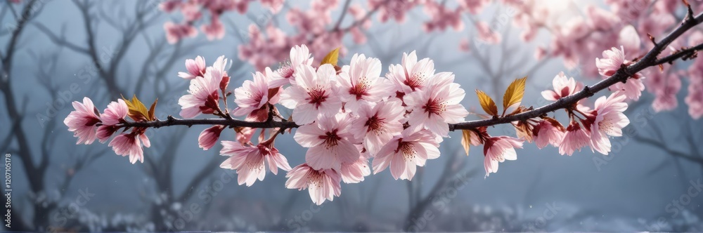 Cherry blossom branch with isolated leaf on a frosty morning, cherry blossom branch white frost, frozen branch Cherry blossom branch with isolated leaf on a frosty morning, cherry blossom branch white frost, frozen branch