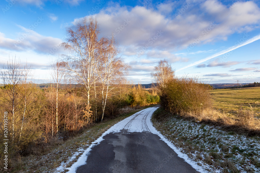 A paved road in the countryside. A cold, winter evening
