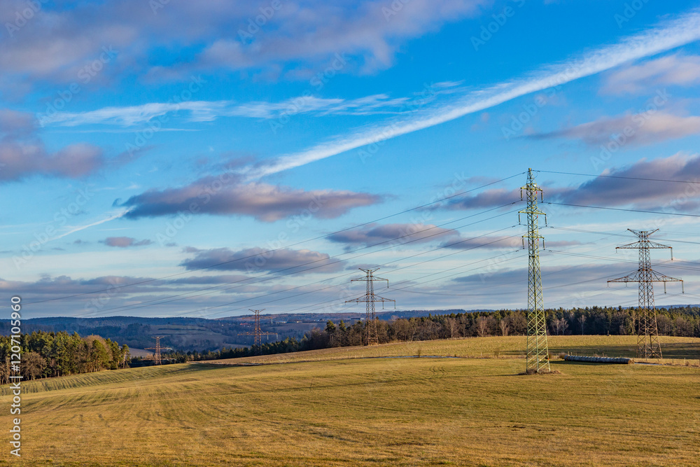 A rural landscape on a cold winter evening. Snowless winter