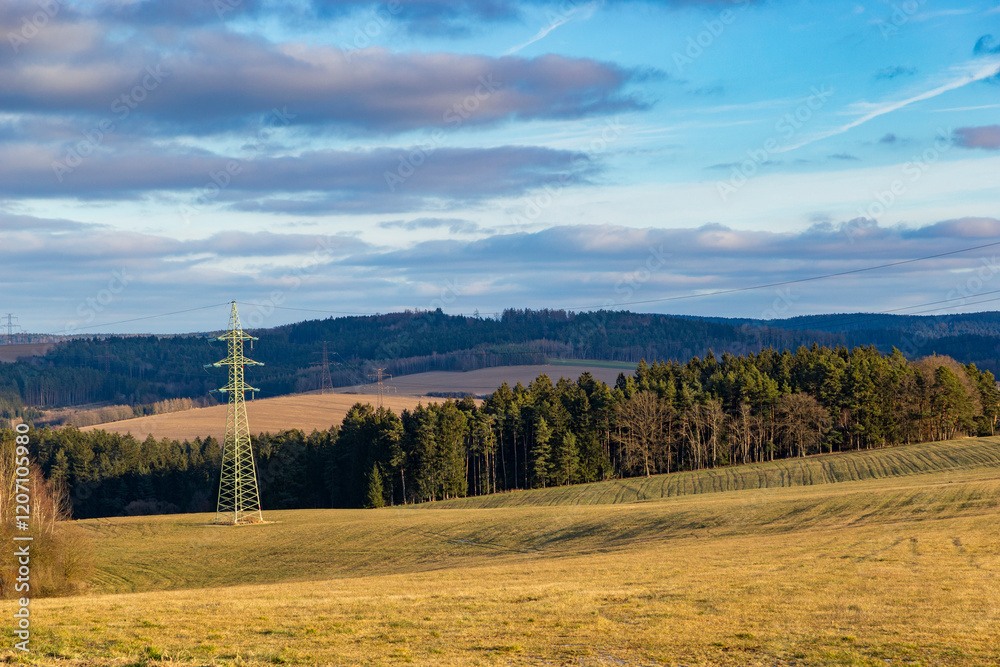 A rural landscape on a cold winter evening. Snowless winter