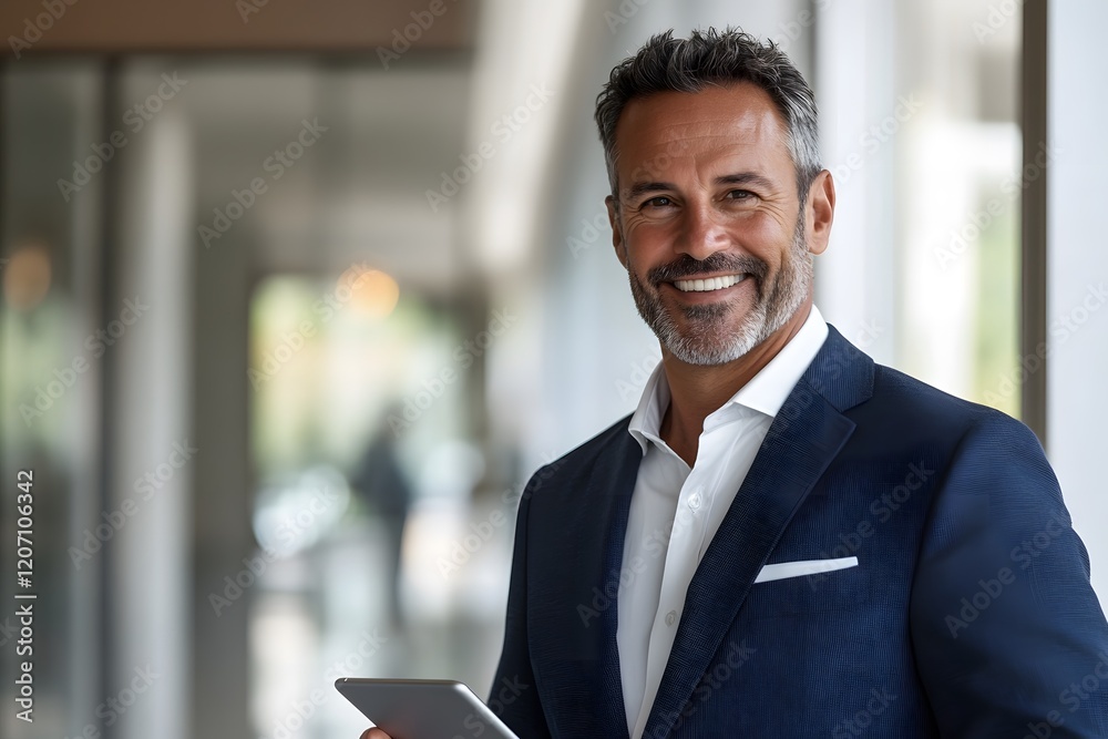 Fototapeta premium Confident business professional holding digital tablet, modern office setting, leadership technology