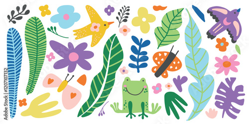 Bright jungle illustration featuring green leaves, colorful flowers, a yellow bird, a frog, and a butterfly. Perfect for children  tropical nature and kids wildlife themes.