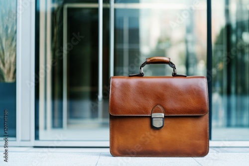 Professional brown leather briefcase in front of a modern glass office door representing lawyers solicitors and business professionals corporate concept