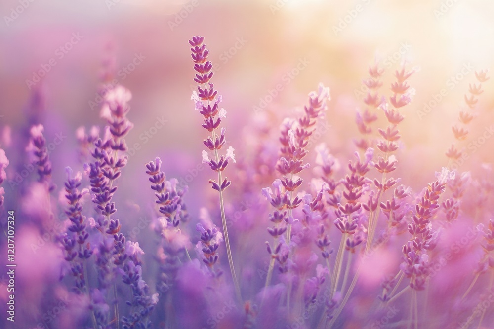 A picturesque field of lavender glowing under soft evening light. A picturesque field of lavender glowing under soft evening light.