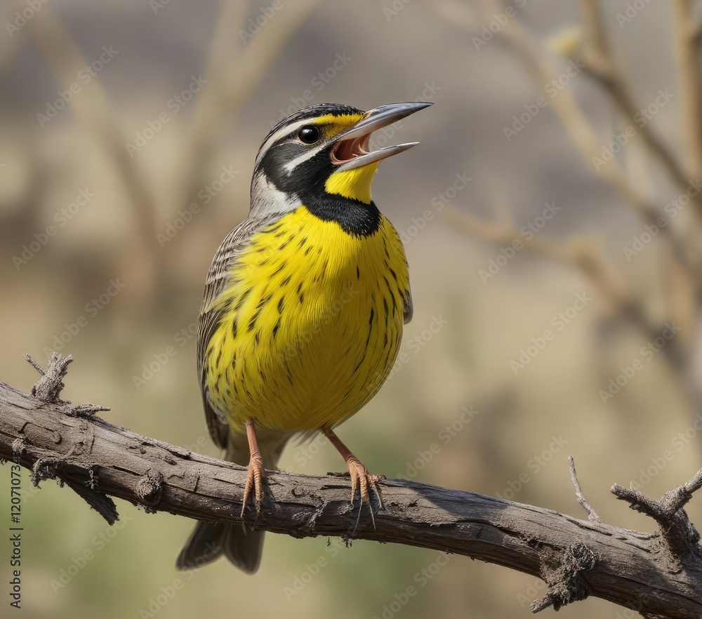 Naklejka premium Close-up of western meadowlark singing on dry branch, bird, feathers, wildlife