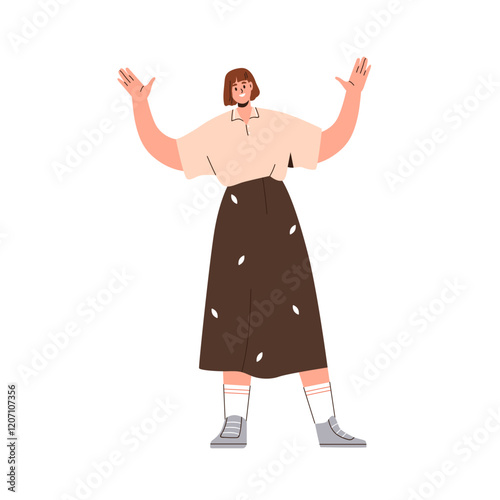Happy woman standing with hands raised, arms up. Smiling friendly female greeting, waving with palms, joyful excited emotion, welcoming gesture. Flat vector illustration isolated on white background